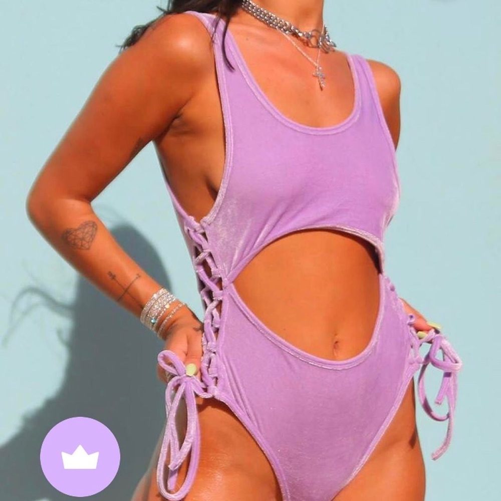 Elsie Fred Velour High Cut Lace Up Cutout Bodysuit Swimsuit Lavender Purple XS